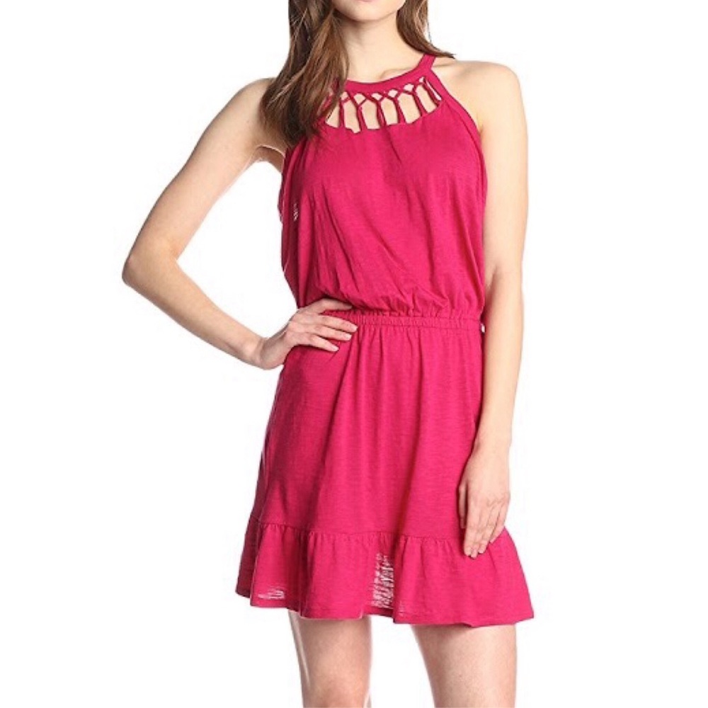 BCBGeneration DRESS JERSEY MACRAME RUFFLE HEM PINK